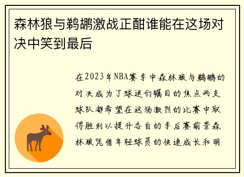 森林狼与鹈鹕激战正酣谁能在这场对决中笑到最后